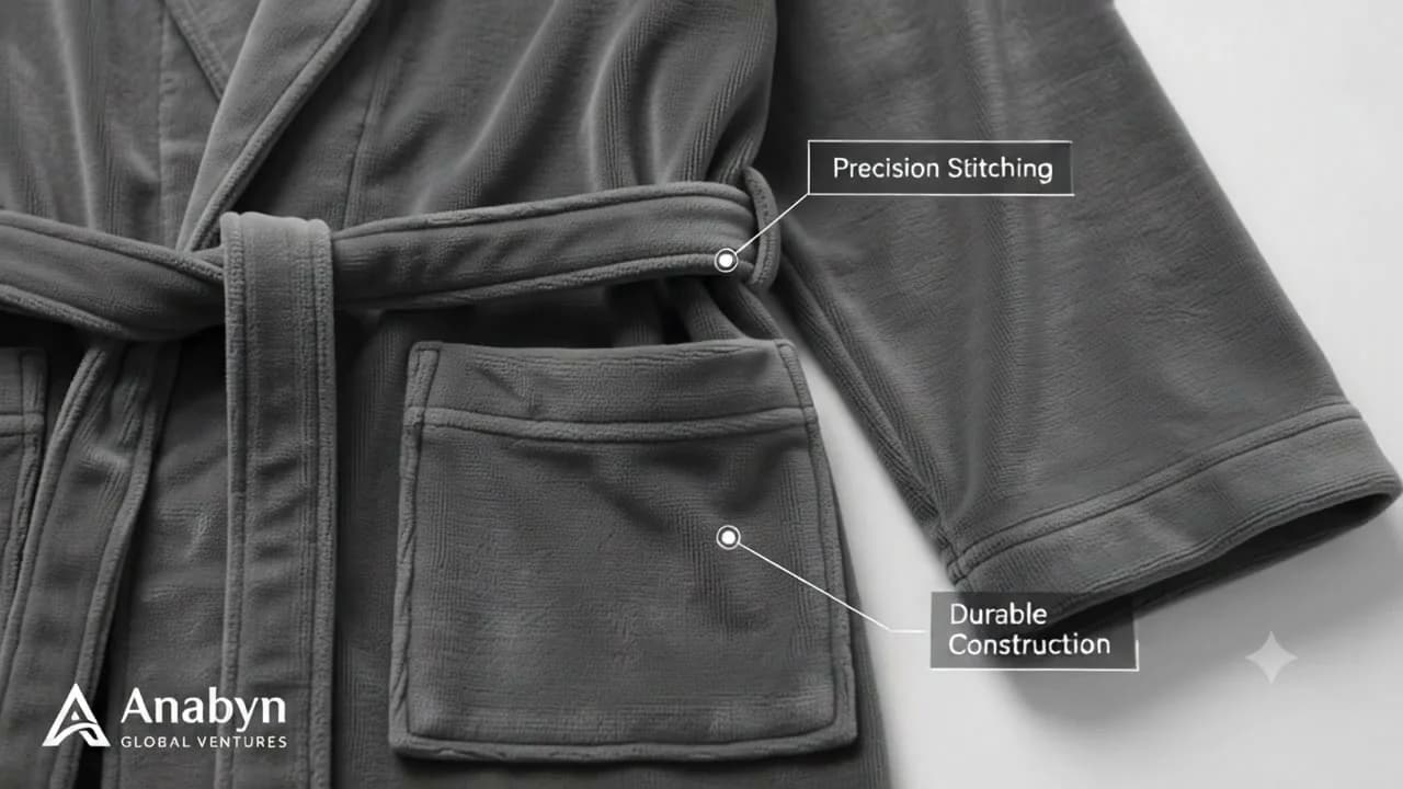 Close-up of bathrobe stitching and pocket construction
